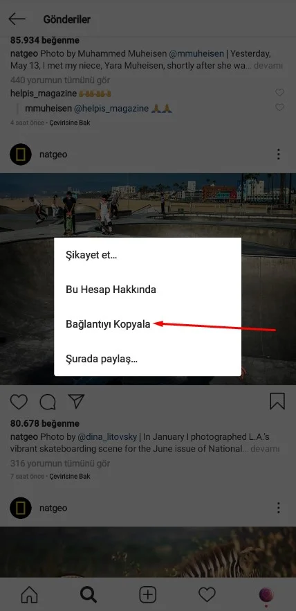 Instagram bağlantıyı kopyala sekmesi