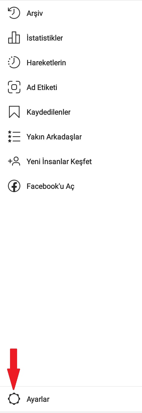 Instagram ayarları menüsü