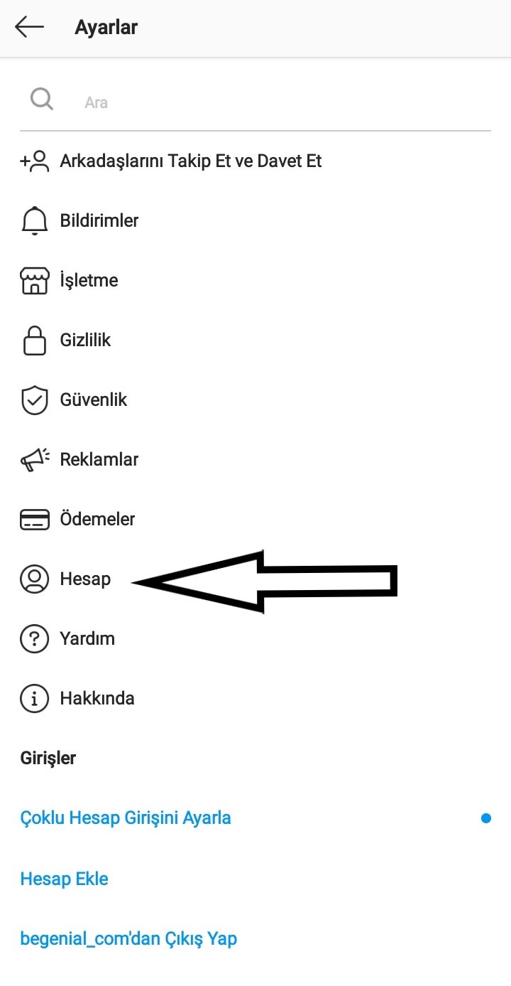 "Hesap" vurgulanmış Instagram Ayarları menüsü