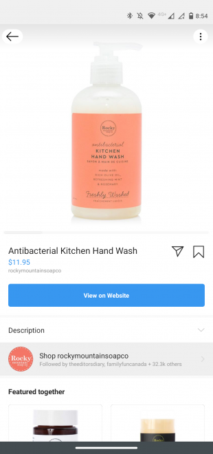 Ürünü web sitesinde görüntülemek için komut istemiyle Rocky Mountain Soap Co. Instagram Story reklamında yer alan el sabunu için ürün sayfası