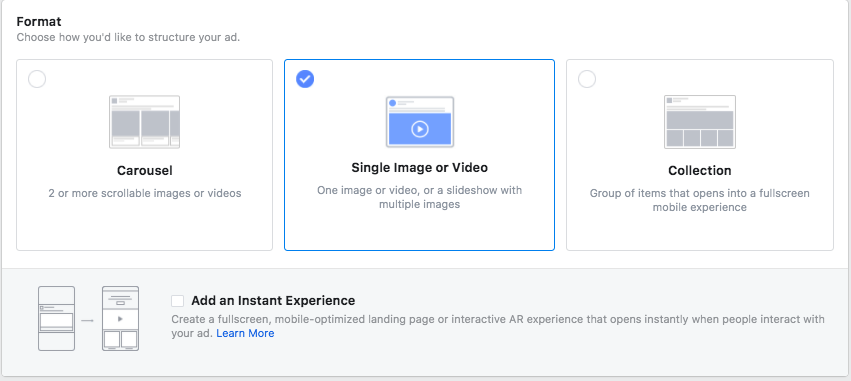 Carousel, Tek Resim veya Video, Koleksiyon ve "Anında Deneyim Ekleme" dahil olmak üzere Instagram reklamları için biçimlendirme seçenekleri